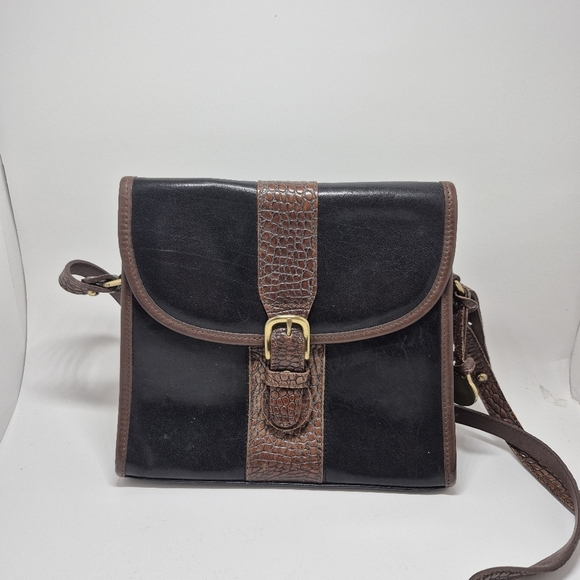 Vtg Brahmin Two-toned Black and Brown Leather Crossbody Bag Croc Embossed - Picture 1 of 13